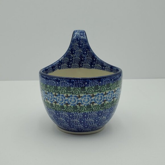 Polish Pottery Loop Handle Bowl Blue Flowers Green Ivy Handled Soup Chili Mug - Picture 3 of 8